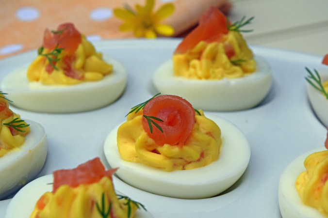 Smoked salmon devilled eggs